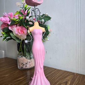 Vintage Pink Necklace Display Stand, Women Evening Dress Jewelry Tree Holder,Mannequin Necklace Organizer Doll Holder, Flower Hat.