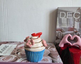 Vintage mini Ceramic Cupcake with Lid and high heel on Top .