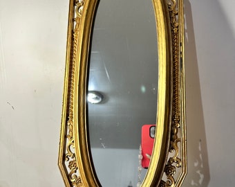 Vintage Syroco mirror Large 22.5" x 9" Octagon Mirror | Matte Gold Floral Scrollwork | Hollywood Regency Medieval Revival