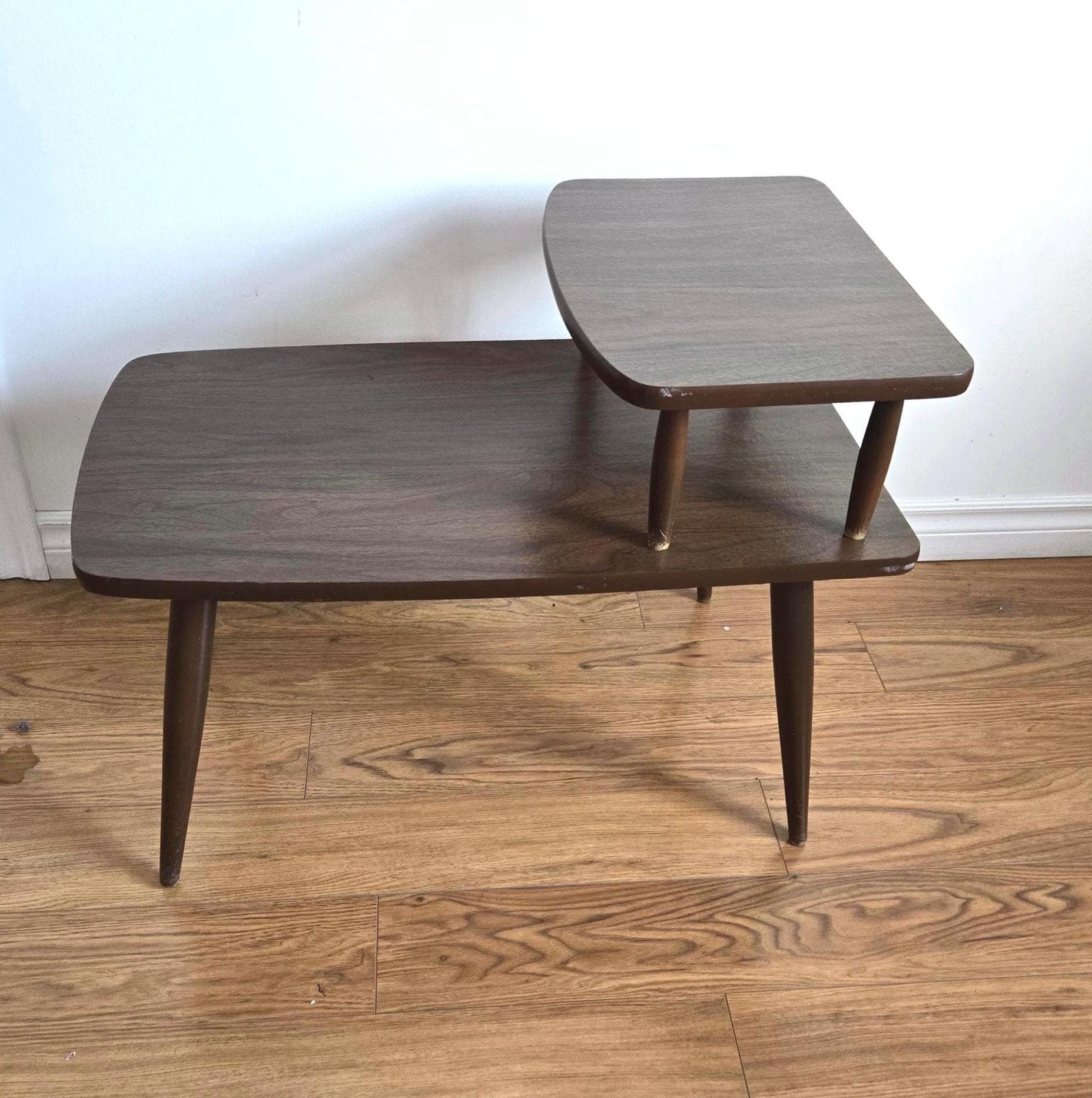 Mid Century Walnut Formica Top Step End Table / Side Table