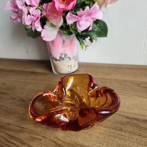 Vintage MCM Amber Murano style Glass Ashtray, Vintage Mid-Century Mouth-Blown Glass Bowl.