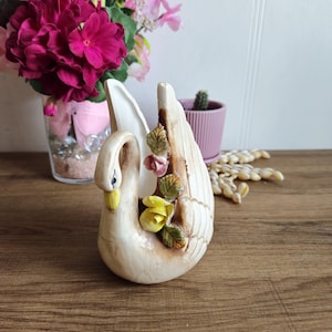 Vintage 70’s Ceramic Swan Planter, Gold Accents, Pink and yellow Flowers, Mid-Century Flower Pot, Made in Japan.