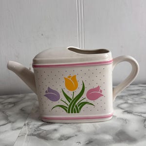 Vintage Teleflora Watering Can Planter, Vintage Tulips Collection Floral Flower Vase circa 1985.