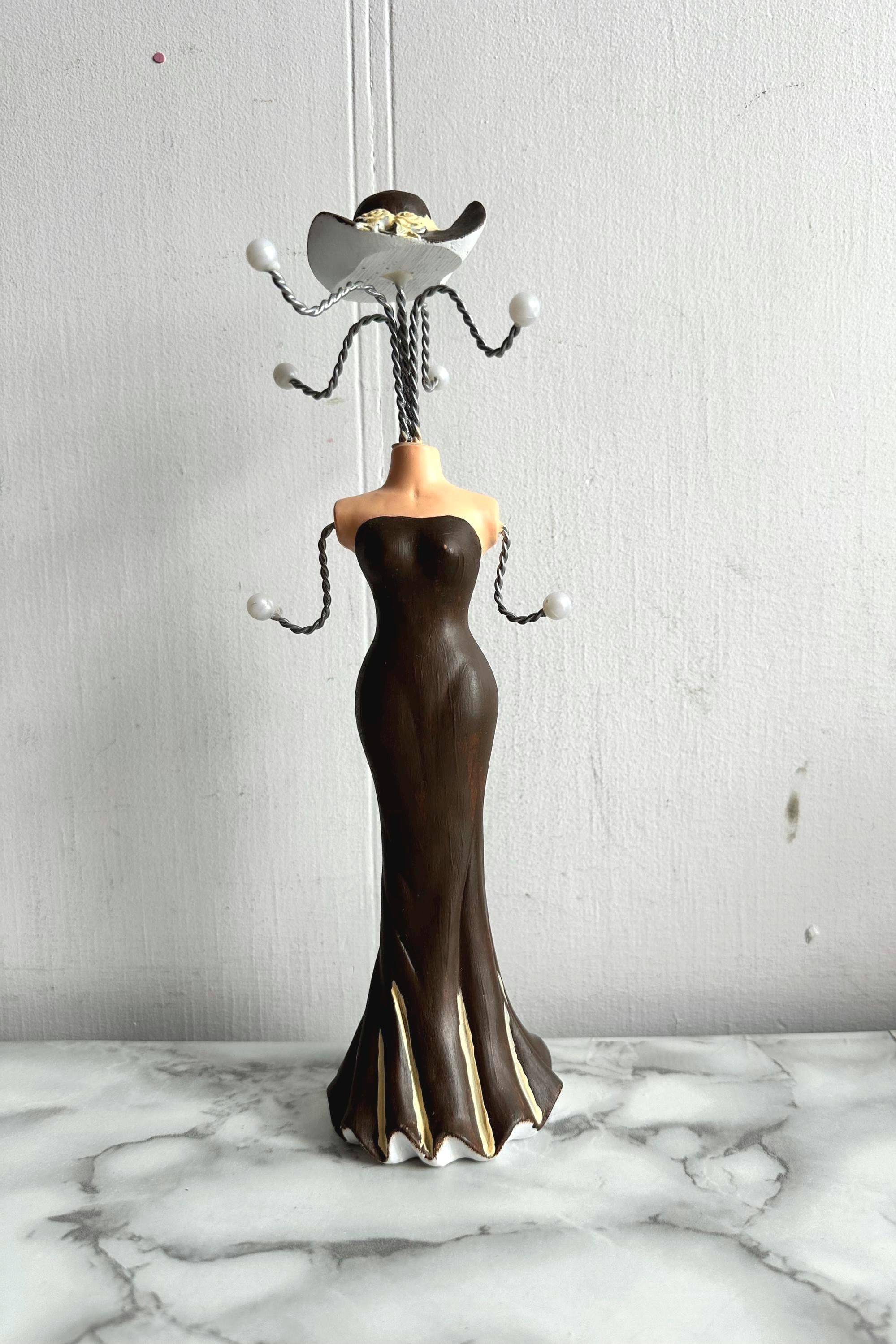 Vintage Brown Necklace Display Women s Evening Dress Jewelry Tree Stand 10.5 Tall Mannequin Necklace Organizer With Flower on the Hat. Etsy