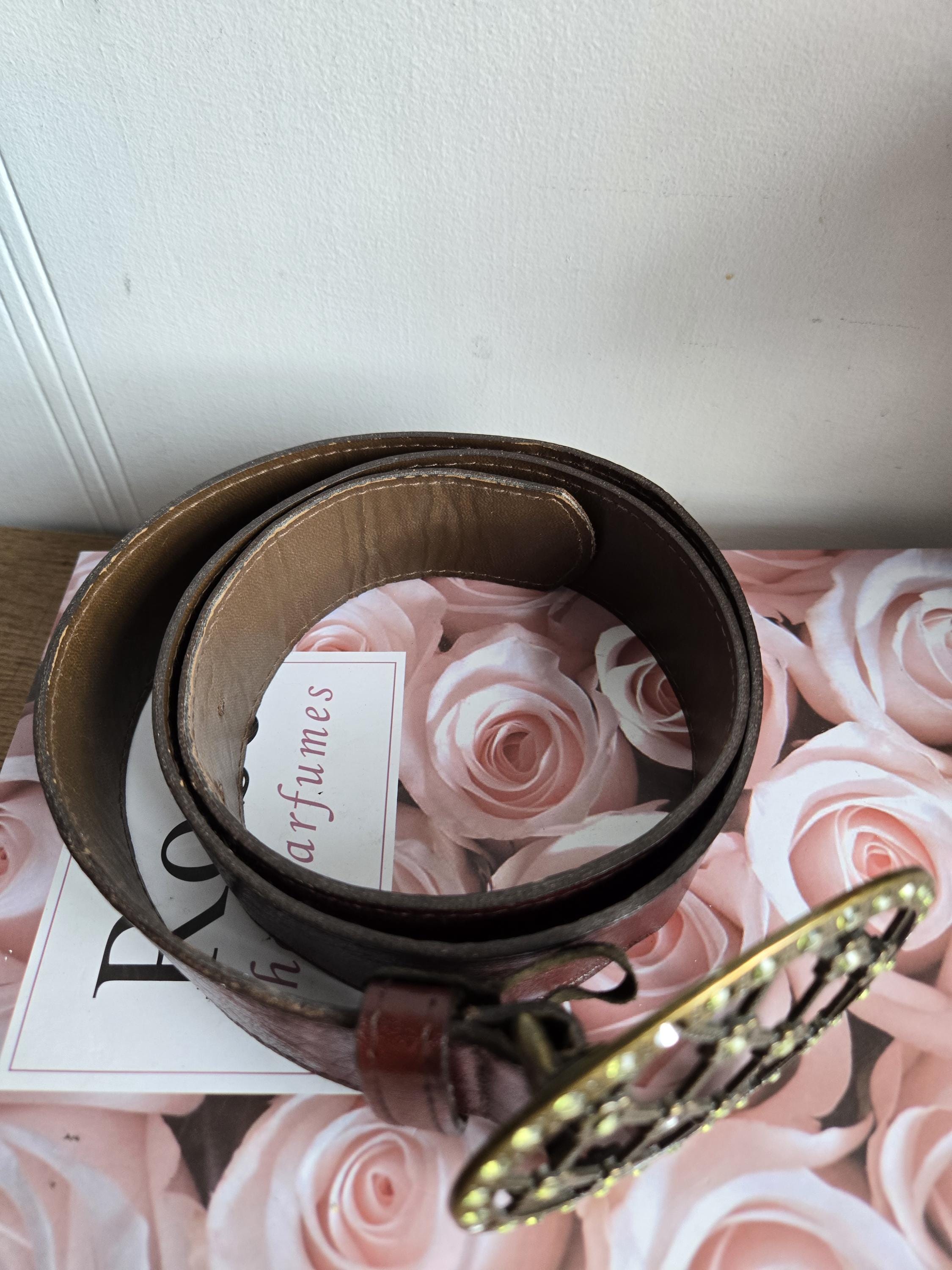 Vintage Landes Leather Belt Rhinestone Rose Buckle Medium  display picture 1