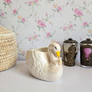 Peut inclure: Un cache-pot en céramique en forme de cygne avec une finition blanche irisée, doté d'un bec jaune vif et d'un petit ruban beige noué autour du cou. Le cygne présente des textures de plumes moulées détaillées et une ouverture sur le dessus.
