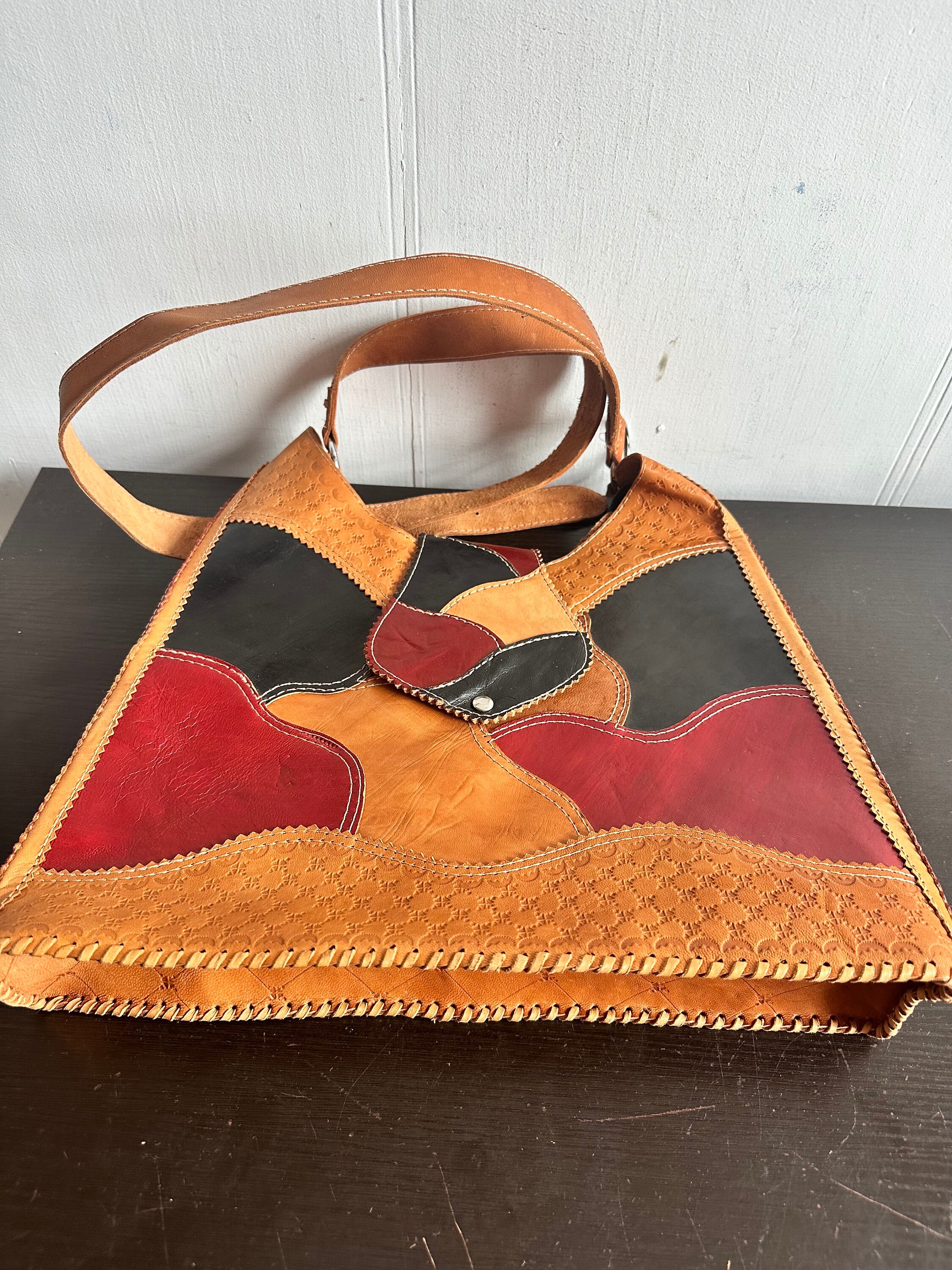 Vintage Large Patchwork Leather Bag, Casual Leather Soft Bag Vintage Large Patchwork Leather Bag, Casual Leather Soft Bag