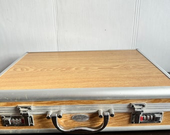 Vintage Hard-Shell Briefcase Silver Accents, Brown Attache, Laptop Storage.