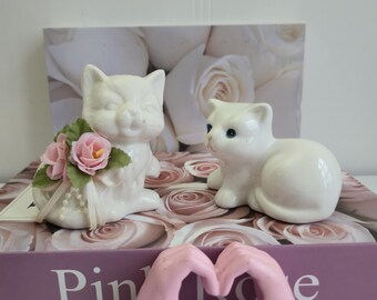 Set of 2 Vintage white porcelain cat with pink flowers,Mid-century modern.
