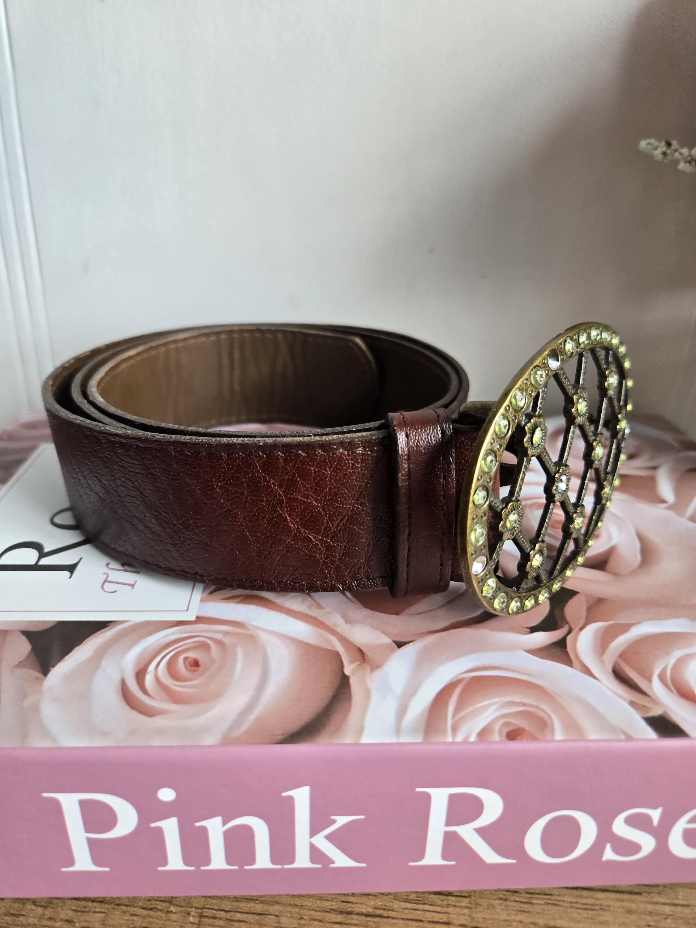 Vintage Landes Leather Belt Rhinestone Rose Buckle Medium  display picture 3