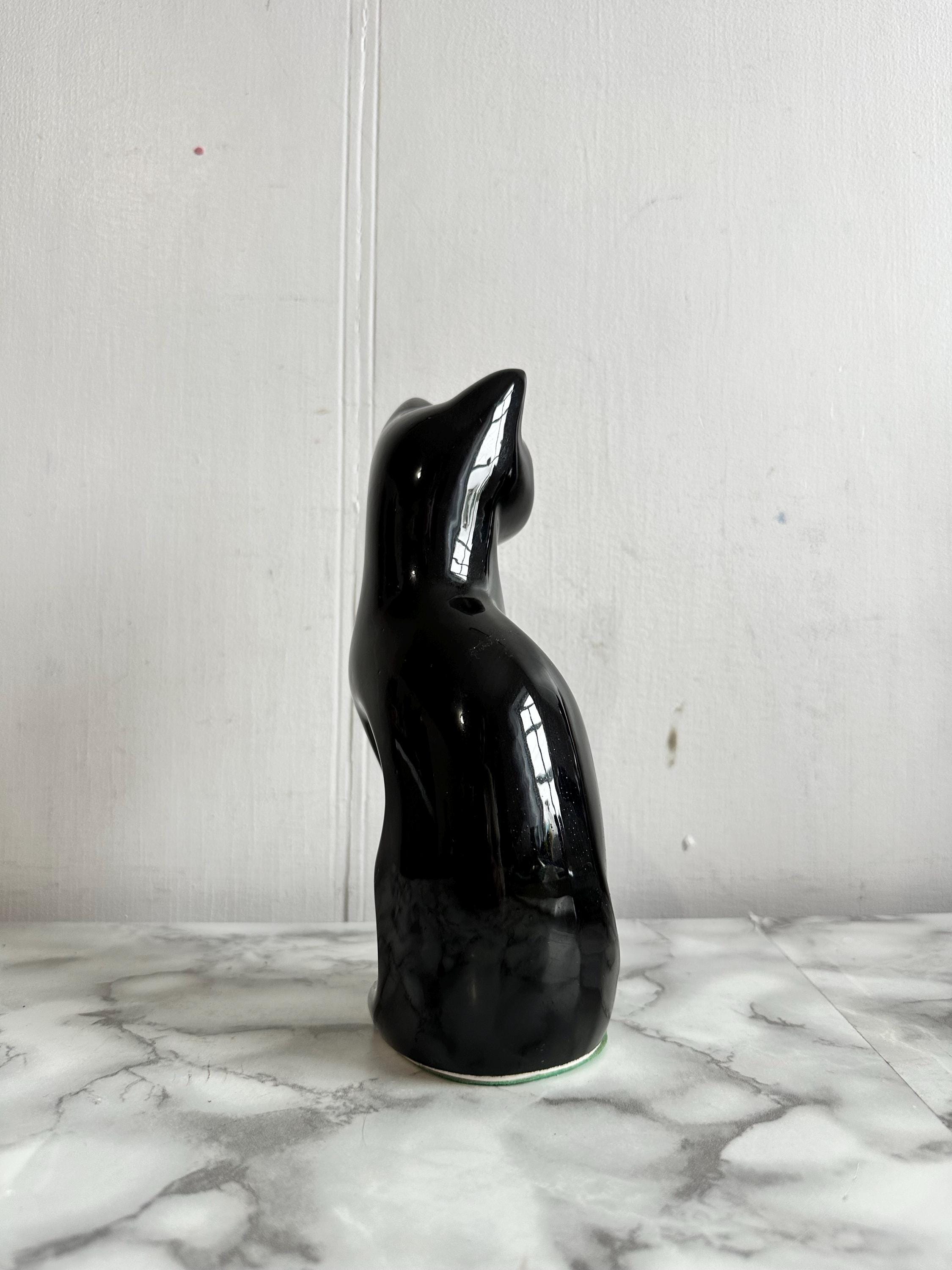 Vintage Black Ceramic Cat, Jade Green Eyes, Ceramic Black