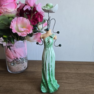 Vintage Necklace Display, Women&#39;s green Evening Dress, Jewelry Tree Stand,10.5&quot; Tall Mannequin, Necklace Organizer, with Flower on the hat.