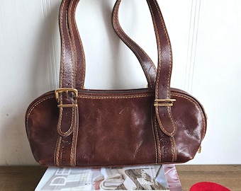 Bolsa de mão vintage Marino Orlandi em couro legítimo, feita na Itália, marrom dourada.