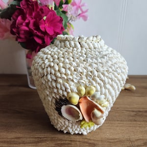 vintage clay vase covered with shells, nautical decoration.