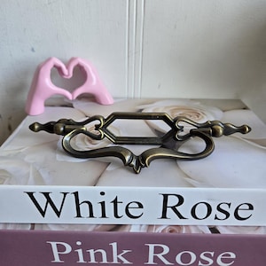 以下が含まれることがあります： 装飾的なディテールが施されたアンティーク真鍮の引き出しプル。本の上に置かれています。本には「White Rose」と「Pink Rose」と書かれています。背景にはピンク色の手型彫刻があります。