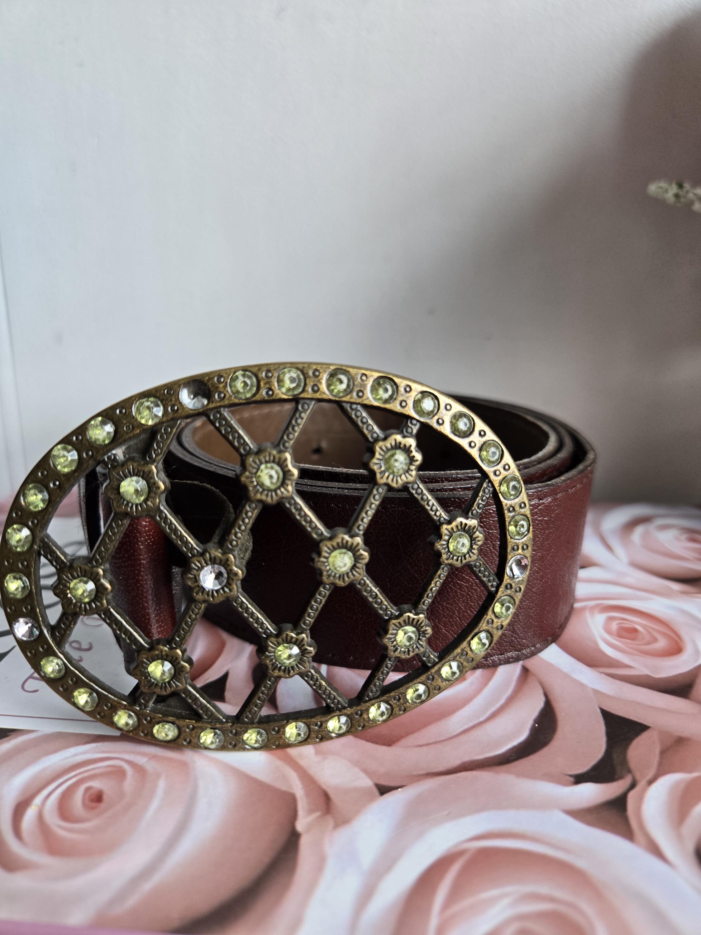 Vintage Landes Leather Belt Rhinestone Rose Buckle Medium  display picture 3