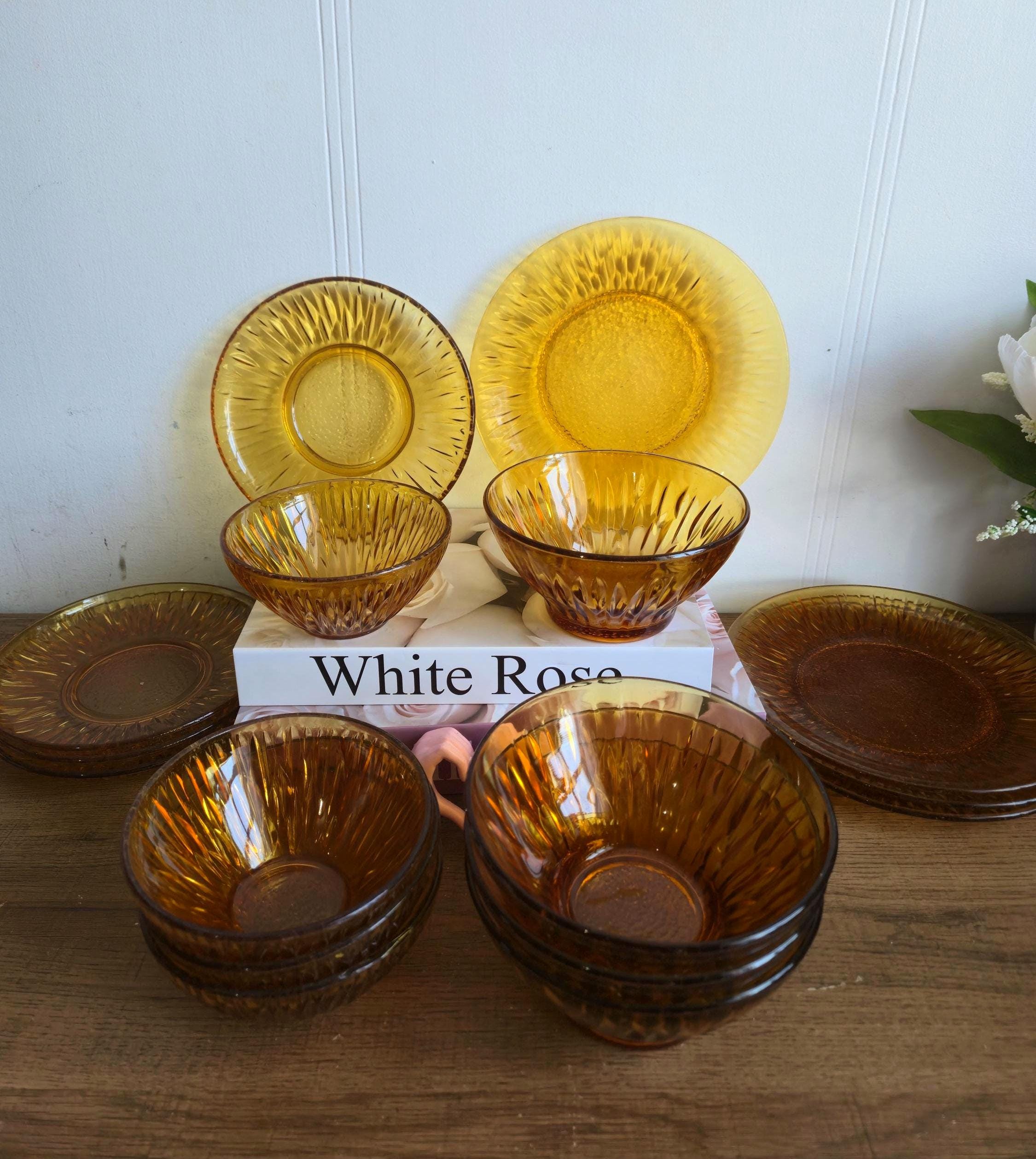 Lot de 4 assiettes à soupe vintage vereco fleurs ambré - Arts de la table