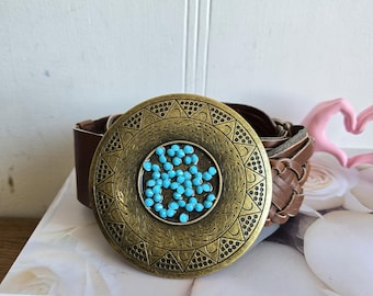 Cabi Brown Leather Braided Belt Sz S Bronze Buckle W/ Stones  display picture 2