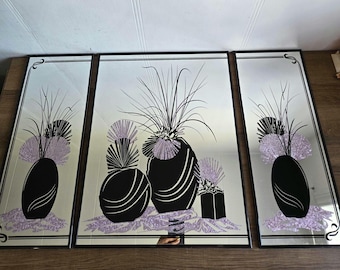 Vintage 80&#39;s Postmodern Art Mirror with Pink Flowers in Black Pottery Vase, Wall Mirror, Framed in Black Funky Mirror, set of 3.