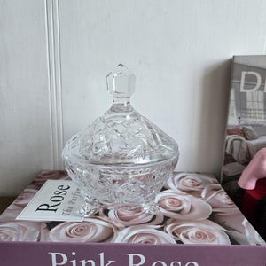 Puede incluir: Un bombonera de cristal tallado transparente con tapa facetada se encuentra sobre un libro titulado "Pink Rose". El plato tiene un patrón geométrico detallado y descansa sobre tres pequeños pies. El libro presenta un diseño floral.