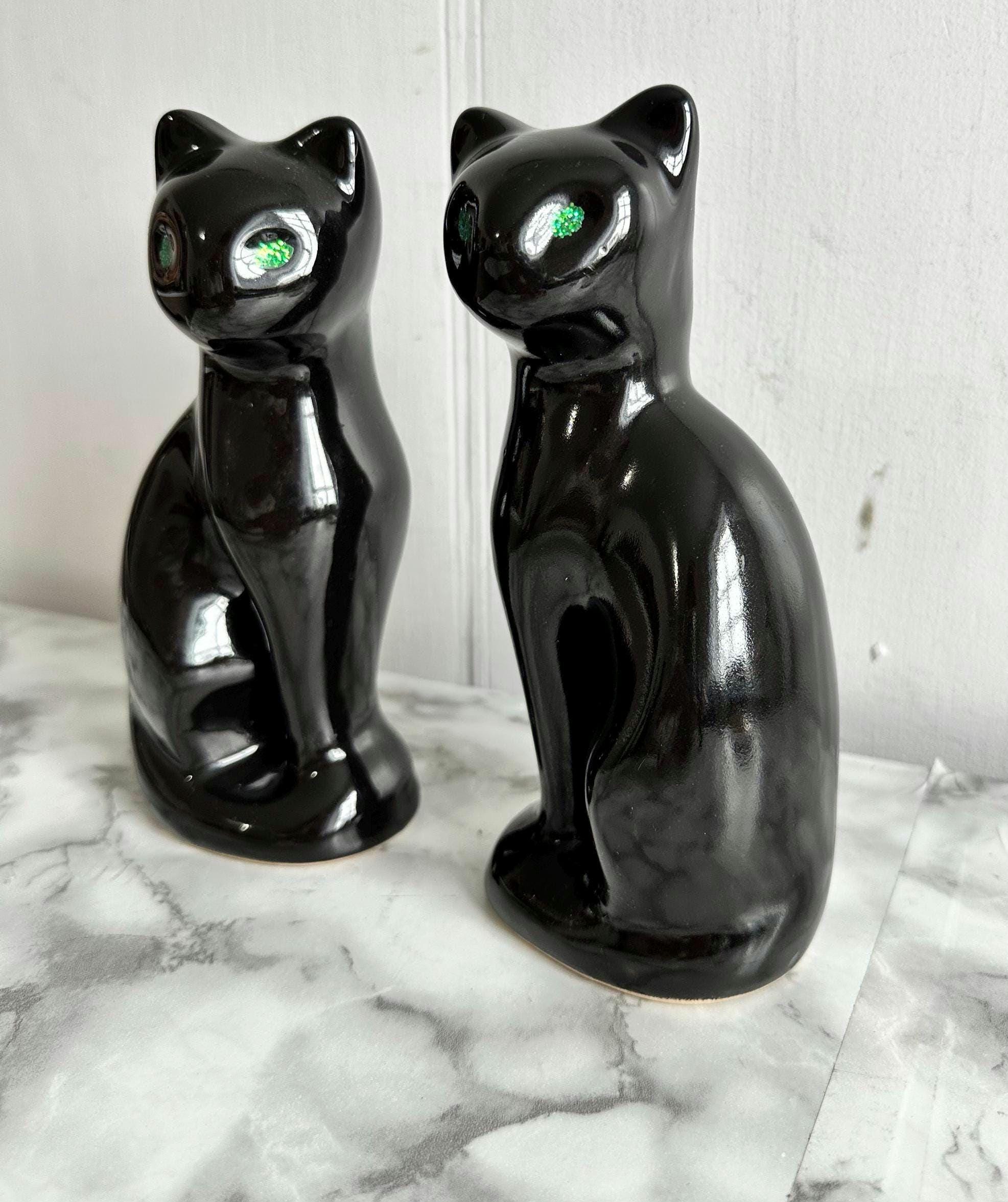Set of 2 Vintage MCM Black Cat Ornaments With Green Eyes