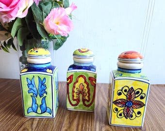 Set of 3 Vintage Ceramic Pickle Jar, Achaar Barni, Sauce Pot, Container, Canister, Indian Style Handmade .