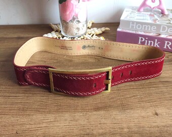 Vintage Red Suede Leather Wide‎ Waist Belt w Gold Buckle | 80s 90s Glam 80s Dark Red Suede Leather Wide Waist Belt | Wide Red  main image 4