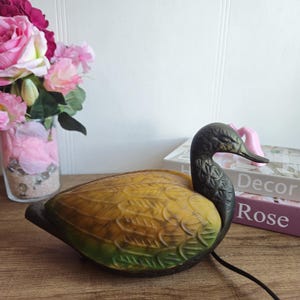 Vintage Duck Lamp - Cast Iron and Amber Glass Lamp - Bird Decoration Cottage Decoration Table Lamp Amber and Green Textured Satin Glass.