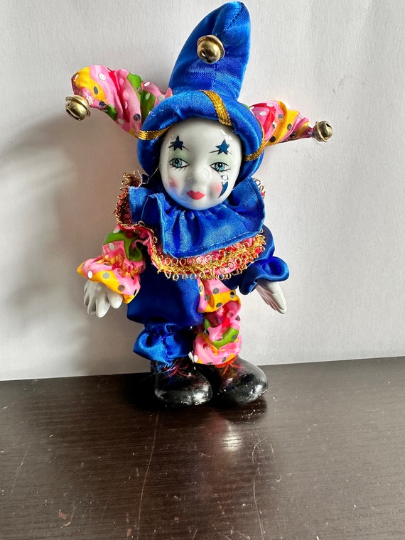 Vintage Clown Porcelain Figurine in Rainbow Sequin Costume and