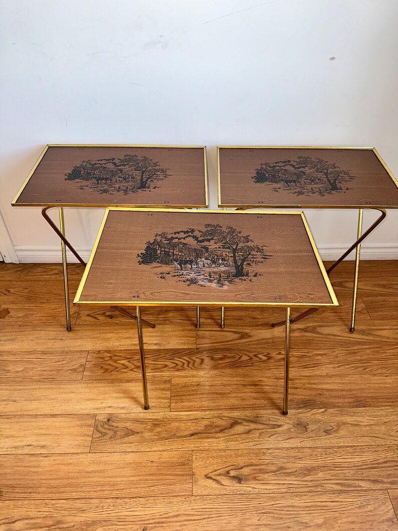 Vintage Folding TV Trays, Serving Tables, Brown With Gold Floral Design