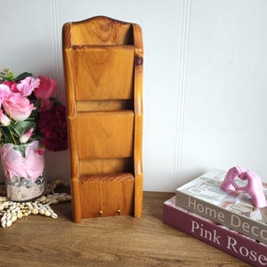 Vintage wooden note holder, letter, hanging collectibles, kitchen decor, 1970's, mail organizer, wall mount, paper, keys holder.