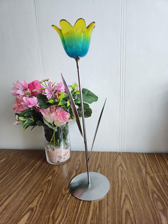 ピンクガラスキャンドルホルダー チューリップ ヴィンテージ フラワー