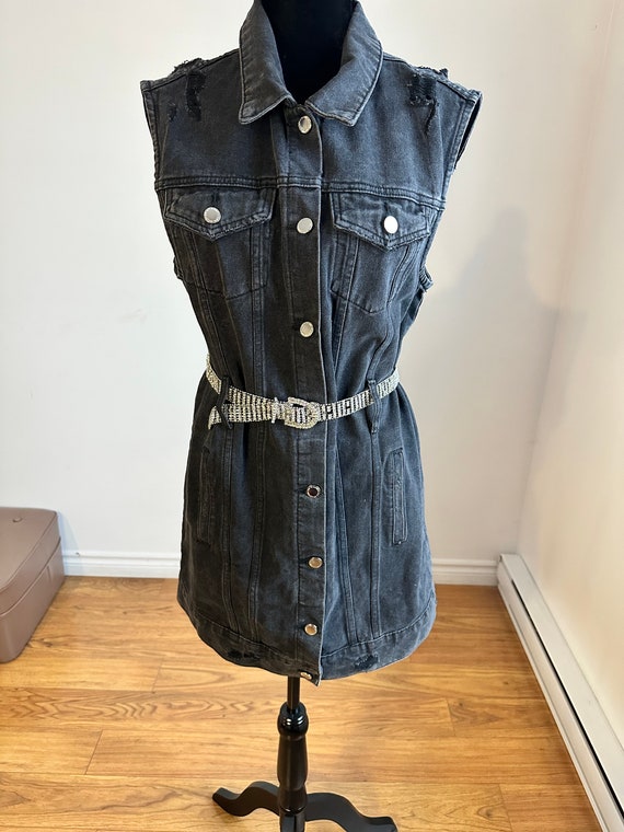 Vintage Denim dress, Vest 90s Vintage Jean Shirt Sleeveless Jean dress Top RIPPED Biker Waistcoat Button Up size large.