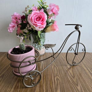Może przedstawiać: Różowa doniczka z małym kaktusem stoi na metalowym stojaku w kształcie trójkołowego roweru. Stojak jest pomalowany na brązowo i ma ozdobny wzór liścia. Stojak stoi na drewnianej powierzchni, za nim znajduje się bukiet różowych kwiatów w szklanym wazonie.