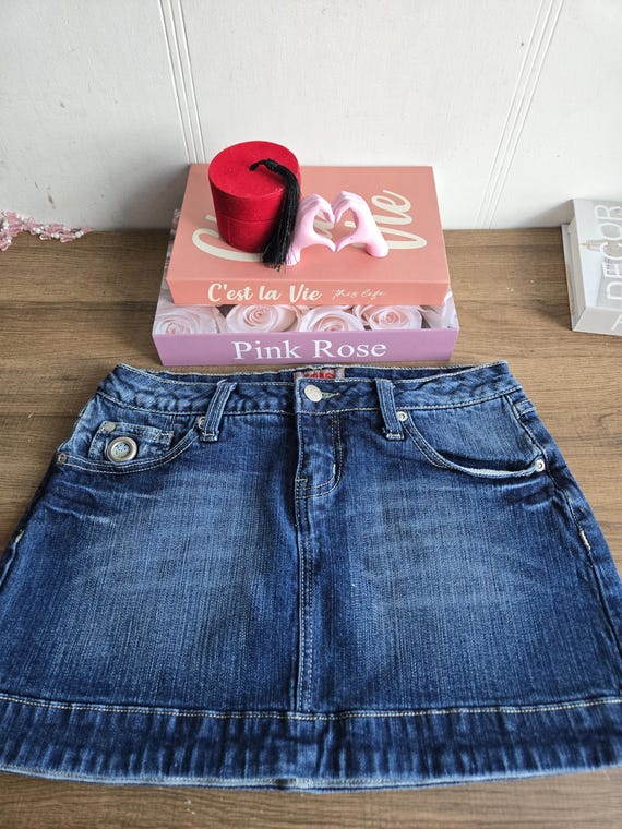 Vintage 90s Denim Mini Skirt With Y2K Jewels Embroidered