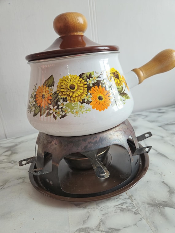 Ancien Poêlon À Fondue Vintage En Tôle Émaillée Décor Floral