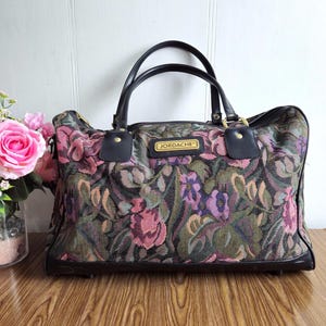 Vintage Tapestry Tote Shoulder or Hand Carry Flowers on Taupe.