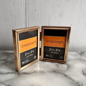Vintage Brass Photo Frame, 2 Attached & Hinged 2.1/4 x 3 1/4 Bi-fold Picture Frames, Gold Filigree, Hollywood Regency Mid-Century, Wedding
