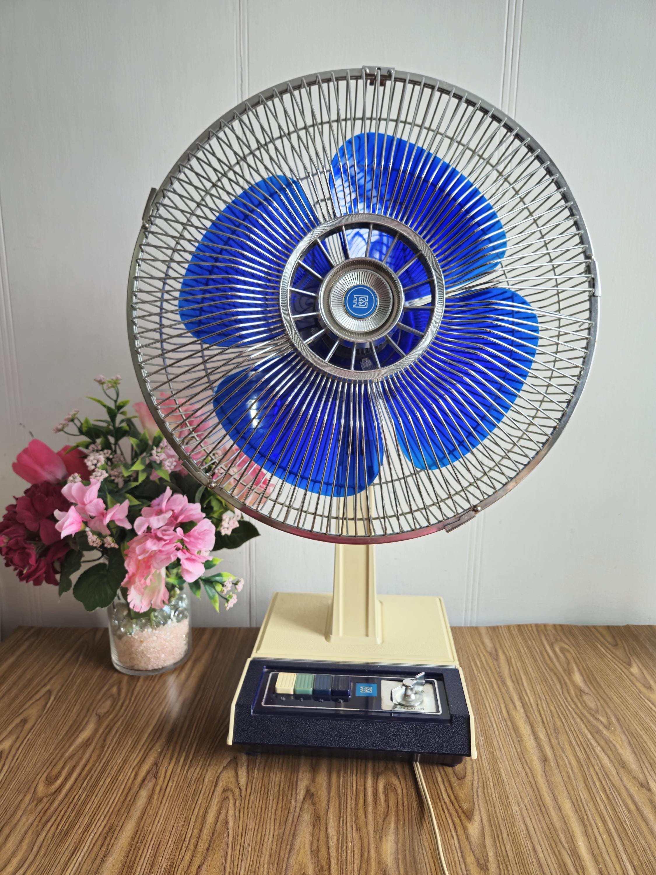 70s Vintage Table Fan, Deluxe Oscillating Fan, Blue and off White