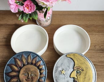 Set of 2 Vintage Celestial ceramic box with sun and moon hand made with lid, Trinket Box.