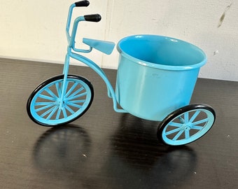 Vintage metal tricycle planter, blue  bicycle, mini bicycles, flower pot, candle holder, dollhouse decoration.