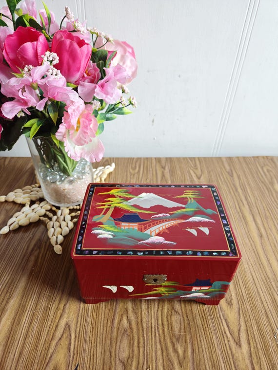 Vintage Japanese Black Lacquered Jewelry Box - Blue Interior - Etsy