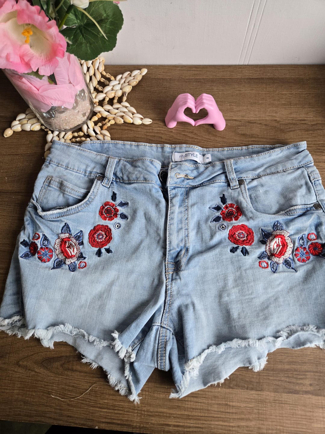 Vintage Blue Denim Shorts, Embroidered R Flowers, Size 8, Denim Shorts ...