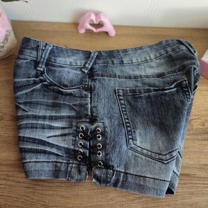 Vintage Y2k blue denim, short lace pants, vintage low waist shorts.