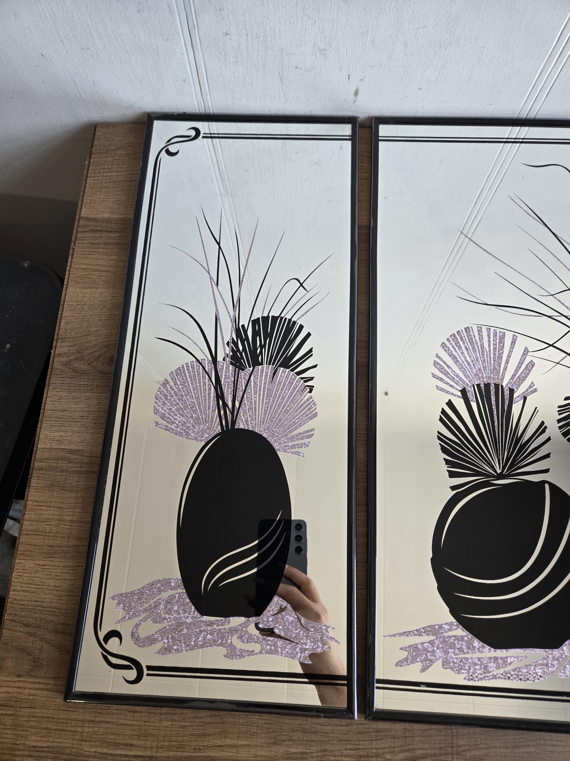 Vintage 80's Postmodern Art Mirror With Pink Flowers in Black