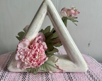 Vintage white ceramic triangle, pink flower, home decor.