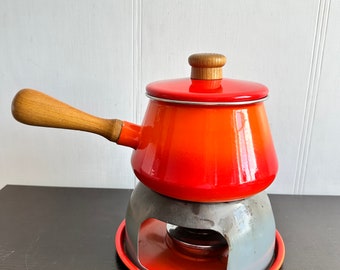 Ensemble Fondue Cousances Vintage - Chaudron Orange En Fonte émaillée - Rare