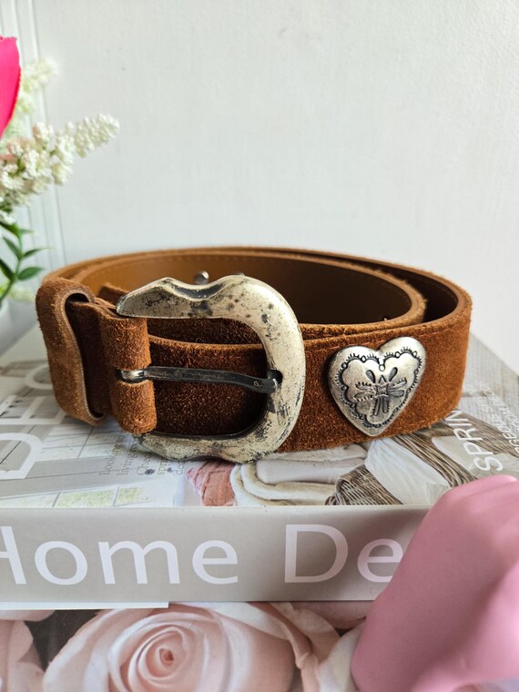 Vintage Zig Zag Brown Suede Leather Belt Weston Style,silver  display picture 2