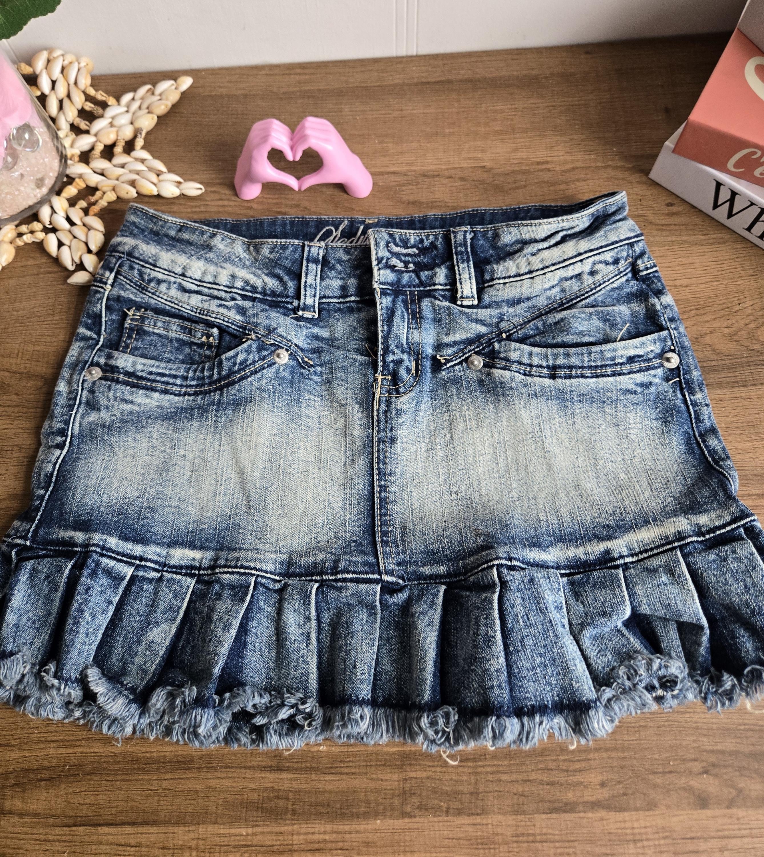 Vintage Blue Denim Skirt Soft Lace Patchwork Y2k Pleated Mini