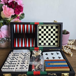Vintage dominoes chess backgammon set folding case black faux leather china